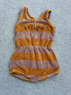 Bobo Choses Striped Terry One-Piece in Mustard and Dusty Pink